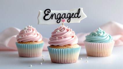 Pastel colored cupcake with swirls of soft pink and baby blue frosting, with a small handwritten sign Engaged written in elegant cursive