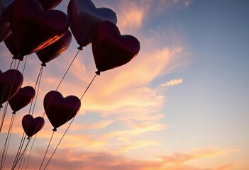 Heart-shaped balloons floating against a sunset sky, heart, eternity