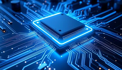 Close-up of a glowing CPU on a circuit board