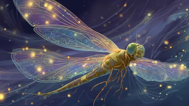 Digital illustration of a glowing dragonfly against a dark background