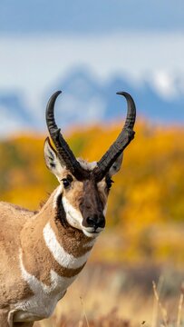 Pronghorn antelope portrait against autumnal landscape
