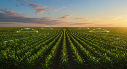 Agricultural Technology Smart Farming in a Vibrant Cornfield at Sunset, Modern Cultivation