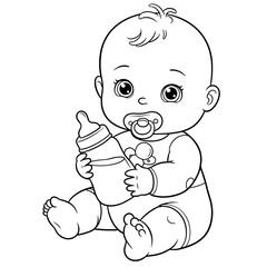 Cartoon baby with pacifier, holding bottle, sitting in onesie. Simple black-and-white style.