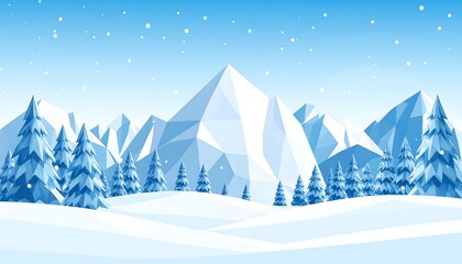 Low-poly winter landscape with snow-covered mountains and pine trees