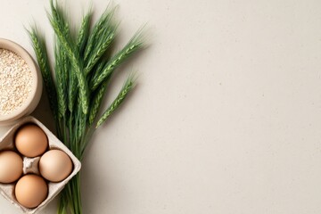 Natural ingredients showcase, featuring fresh eggs, grains, and