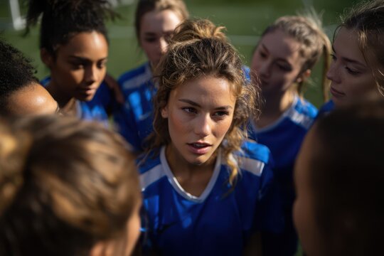 Female soccer team huddling together on the field with focused expressions, symbolizing teamwork, motivation, and determination in competitive sports