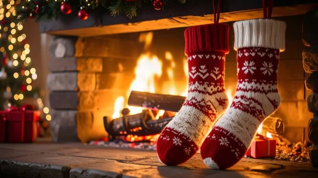 Festive christmas stockings by fireplace