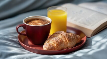 A cozy breakfast tray with coffee, orange juice, and a croissant beside a book on a bed, offering a perfect start to the day