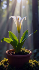 Obraz premium Mysterious and Enchanting Image of a Cobra Lily in a Mossy Terracotta Pot