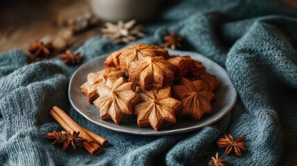 Delicious star-shaped cookies arranged on a plate with cinnamon sticks and star anise, a perfect treat. The image captures a cozy, inviting scene