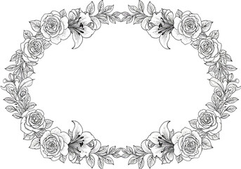 Obraz premium Ornamental frame of flowers and vines for coloring page, line art, black and white