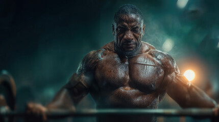 A determined bodybuilder working out with heavy weights in a gym, capturing a powerful and focused moment. The lighting highlights the athlete's muscular physique