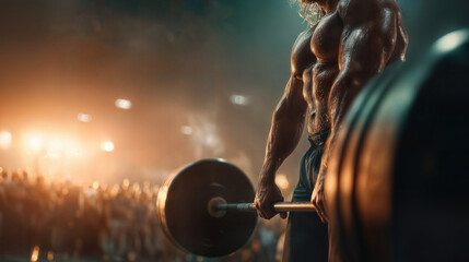 A muscular athlete lifts a barbell. The person is demonstrating strength and fitness in a competition setting.