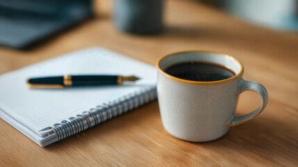 A still-life image of a coffee cup, a notepad, and a pen, suggesting a moment of productivity