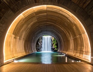 Waterfall view tunnel with a pool and illuminated arc