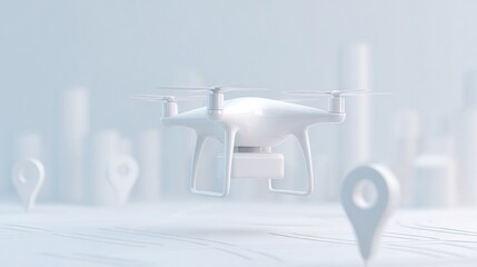 Flying drone amidst blurred cityscape and location markers, show