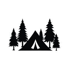 Obraz premium Silhouette image showcasing a camping tent nestled amongst evergreen trees in a forest, camping in forest silhouette vector illustration