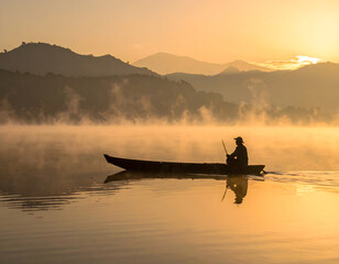 Peaceful Asian Local Life: Fishermen on a Lake at Dawn with Mountain Backdrop