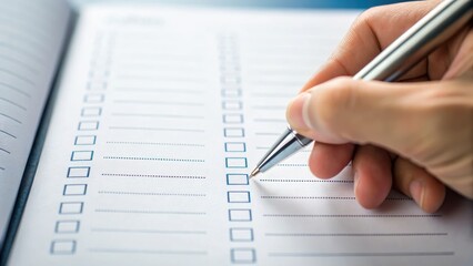 A hand holding a pen marks a checkbox on a checklist page, symbolizing organization, task completion, and productivity.