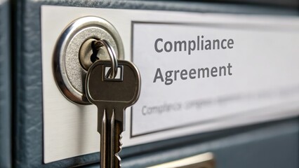 A close-up of a key inserted into a lock, with a label reading "Compliance Agreement," suggesting security and confidentiality in business practices.