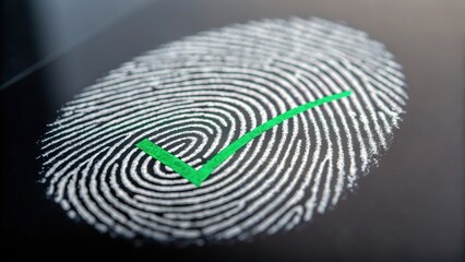 A close-up of a fingerprint featuring a green checkmark, symbolizing verification or approval in security and identification.