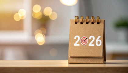 Desk Calendar with 2026 and Target Icon, Symbolizing Goals and Planning