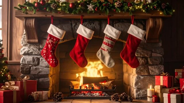 Christmas stockings by fireplace