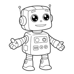 Cartoon robot with square body, big eyes, buttons on chest, and open arms. Fun and friendly design.
