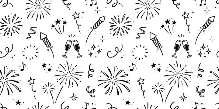 Doodle firework seamless pattern. Festive doodle background with hand drawn sparkler, confetti, and party elements for birthday or new year celebration seamless pattern. Vector illustration
