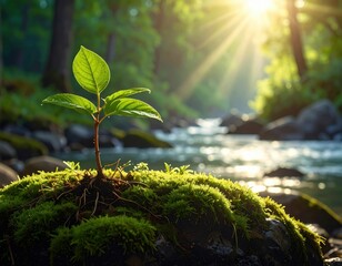 Close Up Young plant growing on mossy rocks background of river and greenery