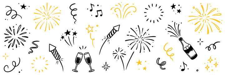Fireworks new year set. Hand drawn vector elements with doodle golden confetti, firecracker and festive sparkle for birthday, party, or new year celebration. Gold firework vector illustration © Polina Tomtosova