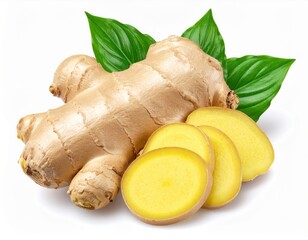 Close up, Fresh ginger rhizome with sliced and green leaves isolated on white background.