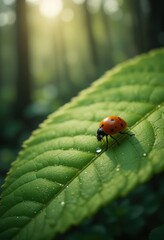 Fototapeta premium Ladybug on a Vibrant Green Leaf A Close-up View in a Lush Forest Setting