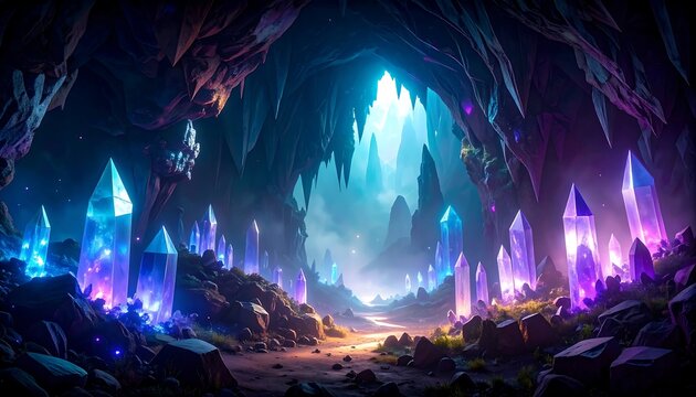 Crystal cave; glowing gems