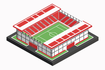 Isometric football stadium with green field red seating and white roof soccer illustration