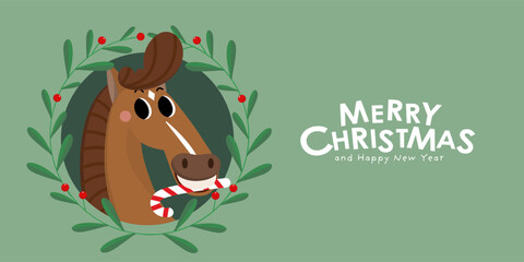 Merry Christmas and happy new year 2026 greeting card with cute horse with xmas wreath. Animal zodiac cartoon character. -Vector