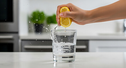 Hand squeezing fresh lemon into clear glass of water splashing droplets on white countertop healthy beverage preparation