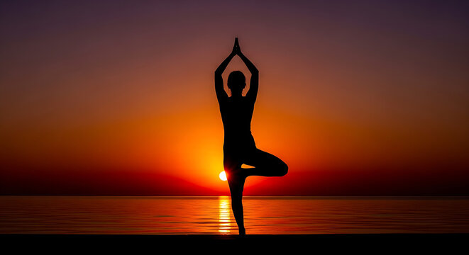 Silhouette of a woman practicing yoga tree pose at sunset on the beach serene calm ocean horizon peaceful mindfulness meditation balance wellness