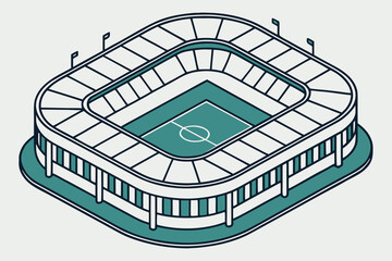 Isometric illustration of a modern football stadium with green field and white stands soccer sport