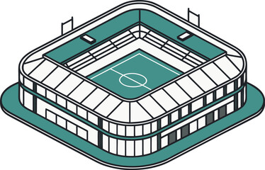Isometric illustration of a modern sports stadium with a green field and white seating arena soccer