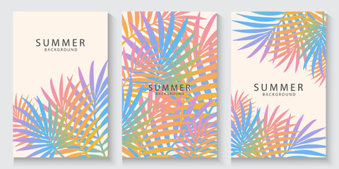 Tropical leaves background. Summer greeting clipart poster set with tropical palm leaves clip art in colorful abstract background collection. exotic Tropical foliage. Design for card, cover, banner,