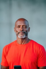 Obraz premium Confident man in vibrant orange shirt smiles, showcasing positiv