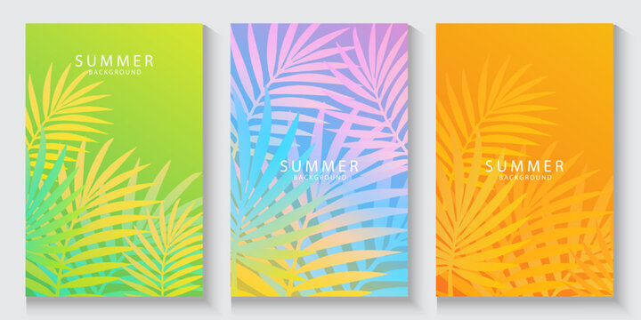 Tropical leaves background. Summer greeting clipart poster set with tropical palm leaves clip art in colorful abstract background collection. exotic Tropical foliage. Design for card, cover, banner,