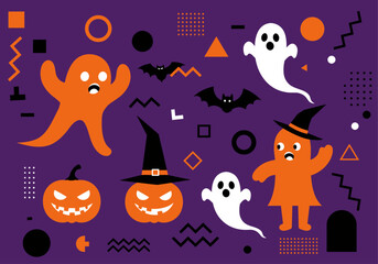 Fototapeta premium Playful Halloween Ghosts, Pumpkins, and Bats Flat Design Illustration on Purple Background