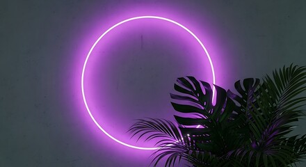 Vibrant purple neon oval light frame with tropical leaves