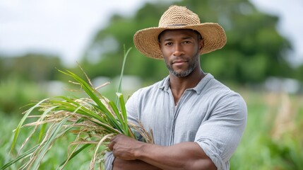 A dedicated farmer proudly holding freshly harvested sugarcane, showcasing the importance of agriculture and sustainable farming practices in modern communities.