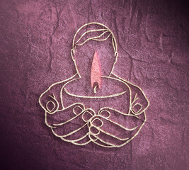 Man holding candle. Symbol of prayer and church concept in simple linear style. Doodle outline illustration. Memorial linear symbol.