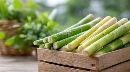 Freshly harvested sugarcane stalks arranged in a wooden crate surrounded by green foliage, showcasing the natural essence and agricultural beauty of sugarcane farming and its uses.