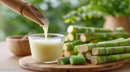 Freshly squeezed sugarcane juice being extracted from vibrant green sugarcane stalks on a wooden platter, highlighting the natural sweetness and benefits of this refreshing beverage.