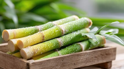 Fresh sugarcane stalks arranged in a rustic wooden crate, showcasing their vibrant green and yellow hues, perfect for highlighting agricultural abundance and natural sweetness.
